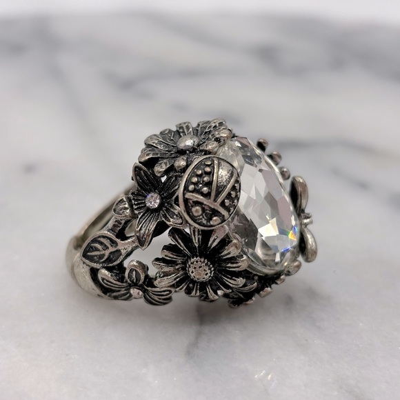 Chunky‎ Flower & Ladybug Antique Silver Tone Crystal Costume Ring Stretch Band - Picture 12 of 14